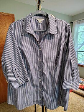 CJ Banks 1X Blue White Pinstripe Career Blouse Button Down